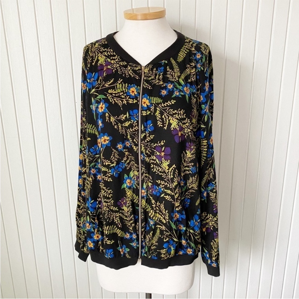 Ulla Popken Blue Yellow Green Black Floral Lightweight Jacket Size 12/14
